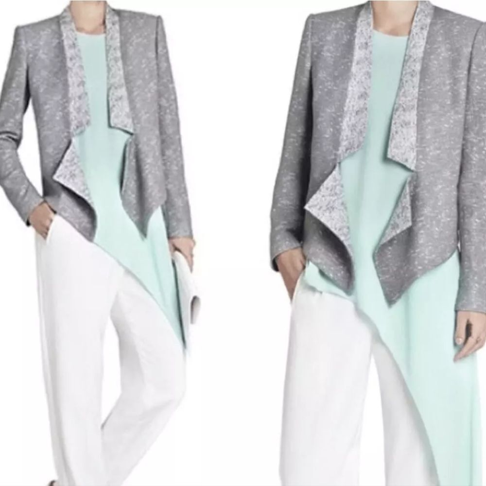 BCBG maxazria assymetric grey blazer open front size s statement collar